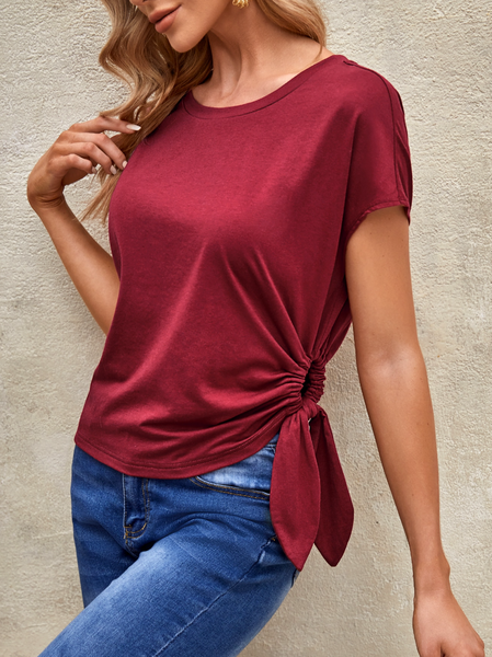 Bow Casual Plain Crew Neck T-Shirt, Red, T-Shirts