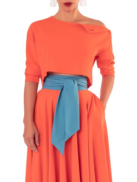 Three Quarter Plain Regular Fit Elegant Crew Neck Top, Orange, Linen Tops