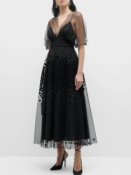 Plain Elegant V Neck Half sleeve Regular Fit Medium Elasticity Midi Dress, Black, Midi Dresses
Plain Elegant V Neck Half sleeve Regular Fit Medium Elasticity Midi Dress, Black, Midi Dresses