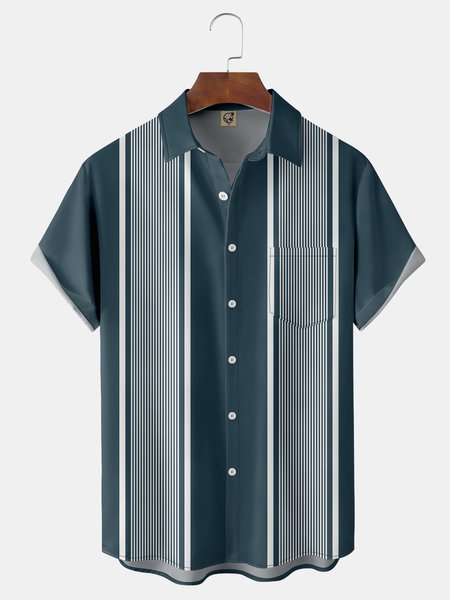 Geometric Stripe Chest Pocket Short Sleeve Shirt, Blue, Men Shirts