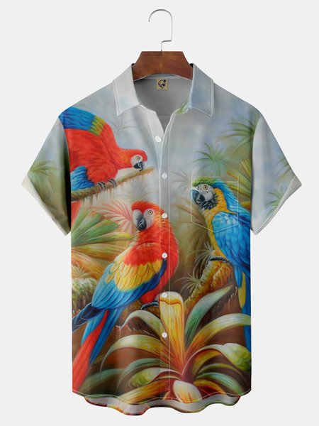 Animal Chest Pocket Short Sleeve Hawaiian Shirt, Green, Men Shirts