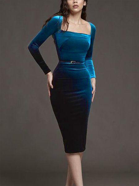 Square Neck Elegant Long sleeve No Elasticity Hip Skirt Party Dress, Dark_blue, Wedding Guest Dresses