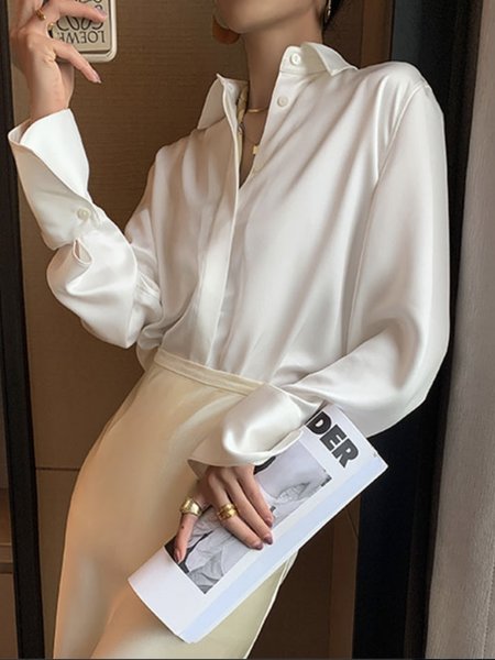 Shirt Collar Elegant Regular Fit Plain Blouse, White, Blouses and Shirts