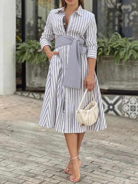 Urban Striped Regular Fit Shirt Collar Long sleeve Long Dress, Stripe, Midi Dresses
Urban Striped Regular Fit Shirt Collar Long sleeve Long Dress, Stripe, Midi Dresses