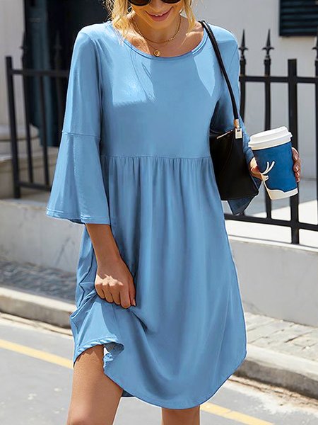 Blue Three-Quarter Bell-Sleeve Empire-Waist Dress, Dresses