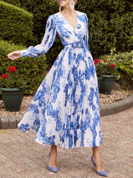 Elegant Floral Print V Neck Long Sleeve Pleated Dress, Blue, Maxi Dresses