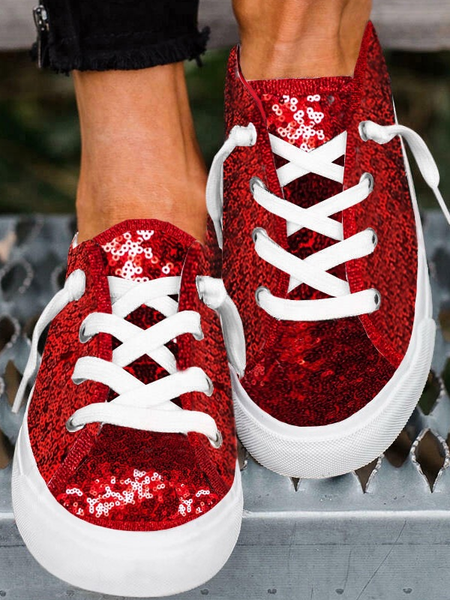 Red Sequins Lace-Up Canvas Flats, Sneakers