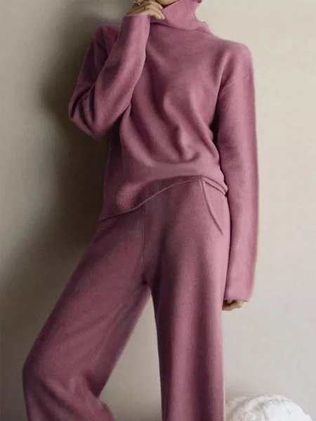 Plain Long Sleeve Casual Two-Piece Set, Pink, Tops