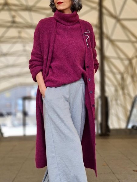 Simple Long sleeve Plain Loose Sweater Coat, Fuchsia, Cardigans