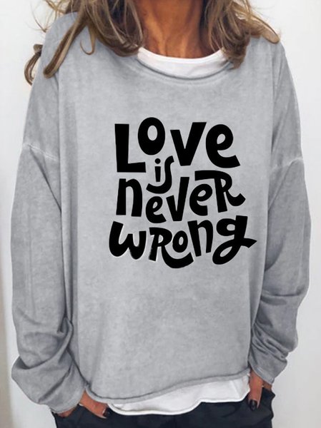 Loose Casual Text Letters Crew Neck Top, Gray, Tops
