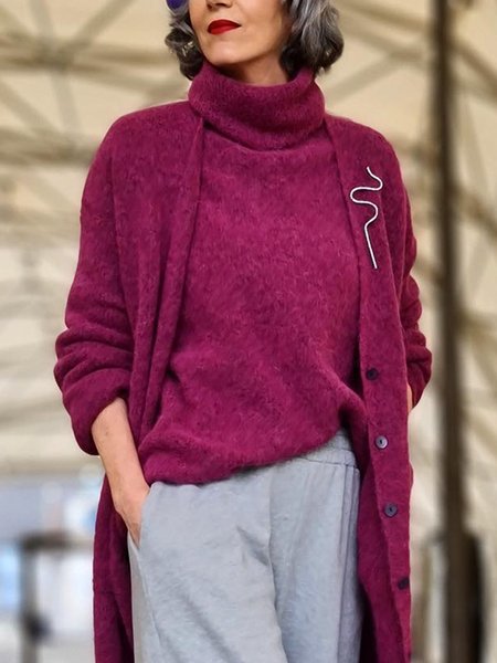 Long sleeve Plain Simple Turtleneck Sweater, Fuchsia, Pullovers