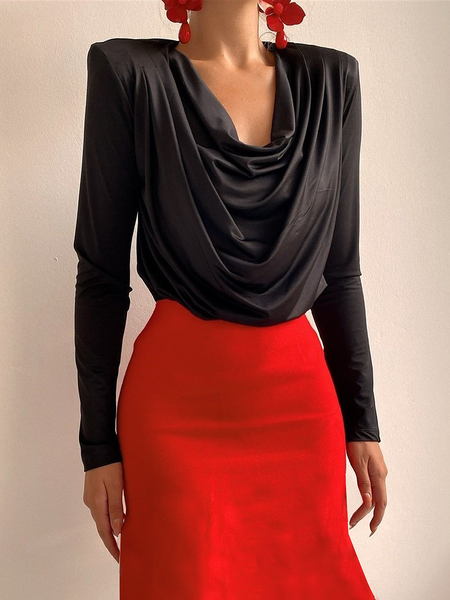 High Elasticity Regular Fit Long sleeve Others Elegant Top, Black, Linen Tops