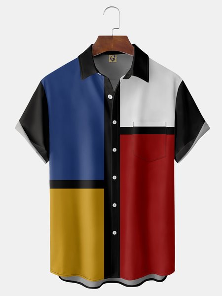 color block geometry Chest Pocket Short Sleeve Casual Shirt, Black, Men Shirts
