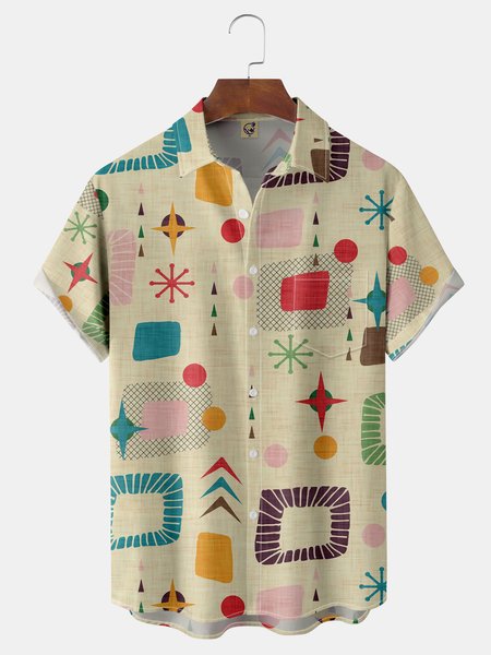 Geometric Chest Pocket Short Sleeve Casual Shirt, Apricot, Men Shirts