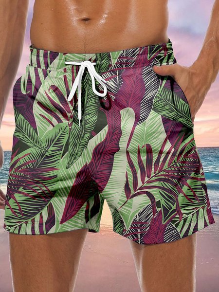 Tropical Plant Drawstring Beach Shorts, Green, Men's shorts