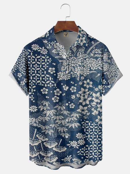 Ukiyo-e Chest Pocket Short Sleeve Casual Shirt, Blue, Men Shirts