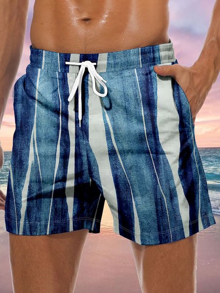 Striped Drawstring Beach Shorts, Blue, Men's shorts