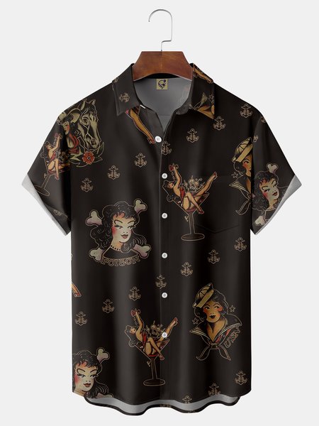 Wineglass Belle Chest Pocket Short Sleeve Hawaiian Shirt, Black, Men Shirts