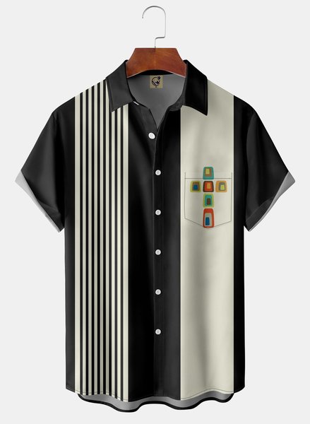 Mid Century Chest Pocket Short Sleeve Bowling Shirt, Black, Men Shirts
