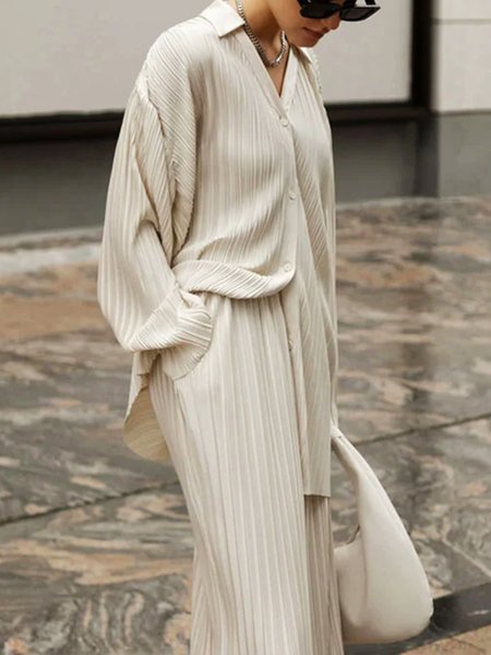 Long sleeve Elegant Shirt Collar Plain Loose Blouse, Apricot, Blouses and Shirts