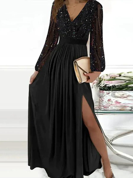 Plain V Neck Loose Casual Dress, Black, Dresses