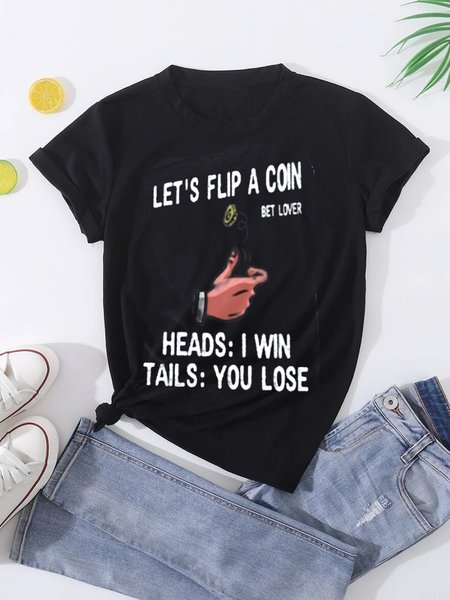 Text Letters Loose Casual Crew Neck T-Shirt, Black, T-Shirts