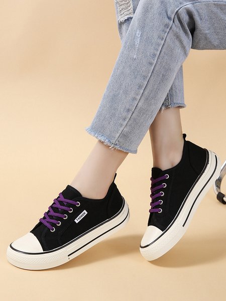 Casual Plain Color Split Joint Comfy Square Toe Lace-Up Canvas Shoes, Black, Sneakers