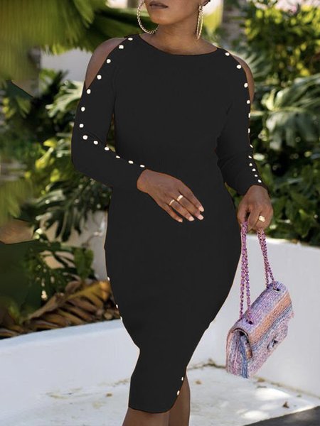 Long sleeve Plain Regular Fit Elegant Dress, Black, Mini Dresses