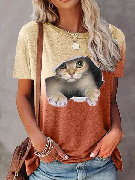Casual Loose Cat Crew Neck T-Shirt, Orange, T-Shirts