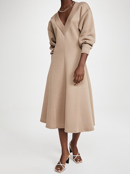 Simple V Neck Regular Fit Dress, Light brown, Midi Dresses