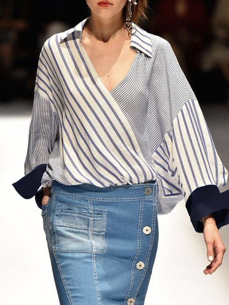 Loose Striped Urban Long Sleeve Blouse, Blue, Blouses and Shirts