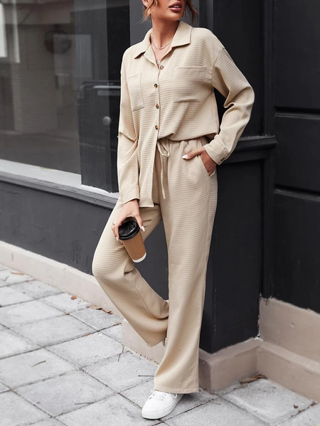 Crew Neck Casual Loose Two-Piece Set, Khaki, Suit Set