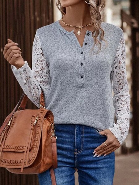 Lace Splice Half breasted Top, Gray, T-Shirts
