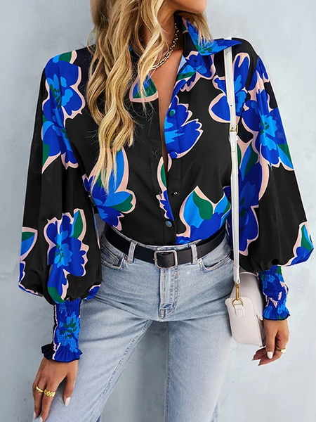 Floral Shirt Collar Long sleeve Loose Urban Blouse, Black, Blouses and Shirts