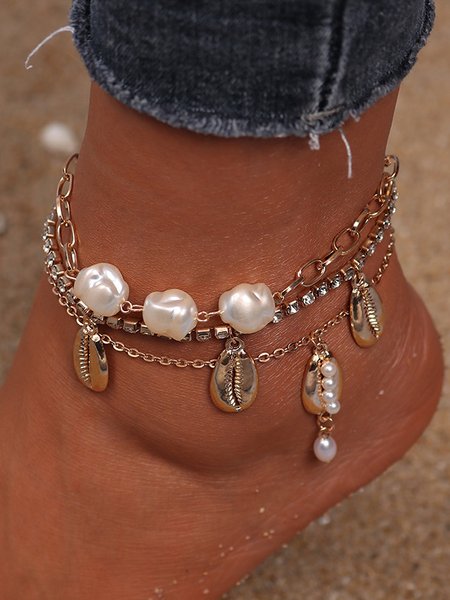

3Pcs Bohemian Resort Wind Pearl Shell Multi-layer Anklet Ethnic Beach Jewelry, Golden, Bracelets & Anklets