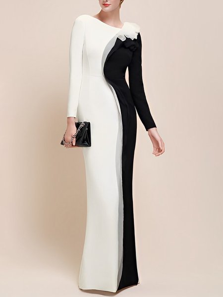 Color Block Regular Fit Elegant Asymmetrical Party Dress, Black-white, Maxi Dresses