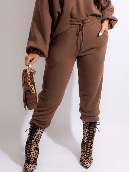 Regular Fit Simple Plain Casual Pants, Brown, Pants