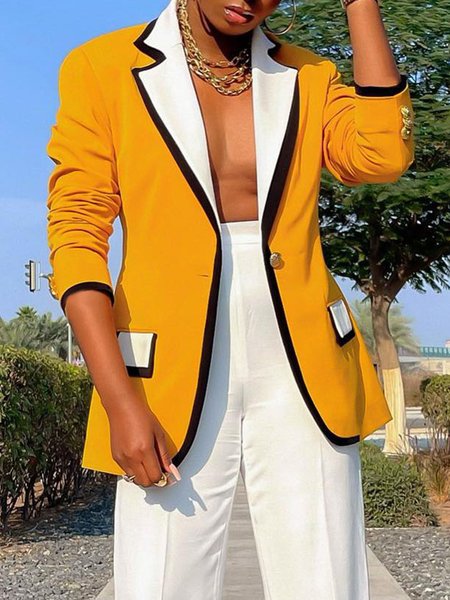 Regular Fit Lapel Collar Color Block Urban Blazer, Yellow, Blazers
