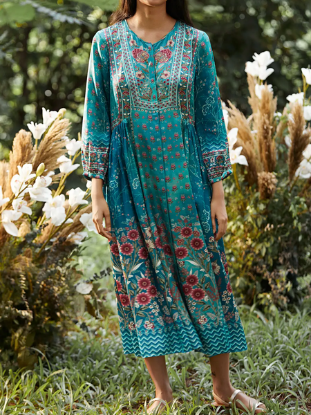 Crew Neck Ethnic Floral Regular Fit Dress, Green, Midi Dresses