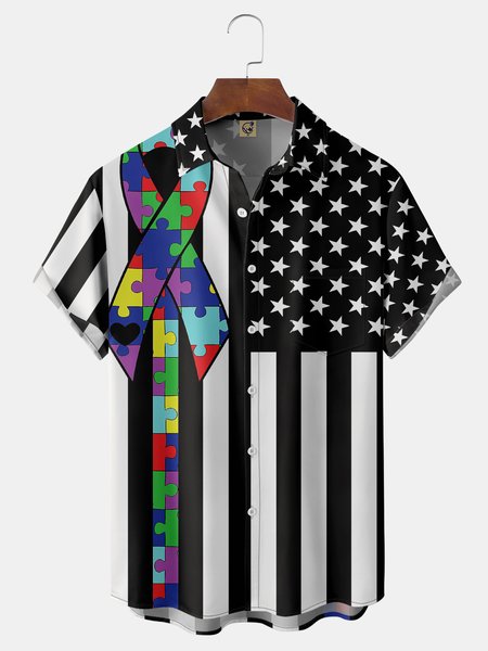 Flag Chest Pocket Short Sleeve Shirt, Black, Men Shirts