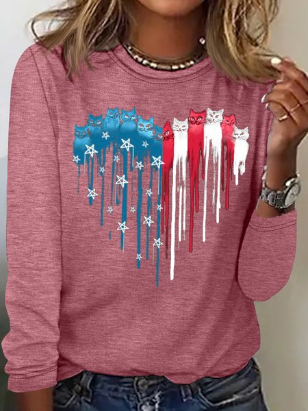 Women's Cat Flag Heart Letters Casual Top, Rose red, Long sleeves