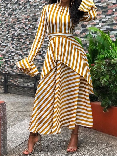 Crew Neck Elegant Regular Fit Long sleeve Striped Long Dress, Yellow, Maxi Dresses