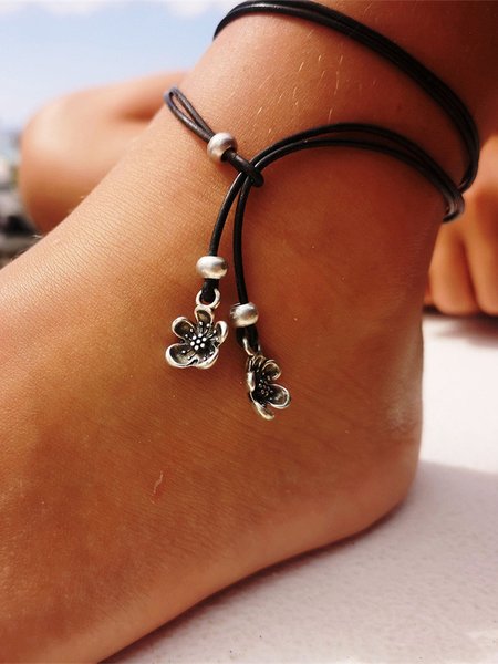 

Boho Style Floral Leather Cord Layered Anklet Beach Vacation Ethnic Jewelry, Black, Bracelets & Anklets