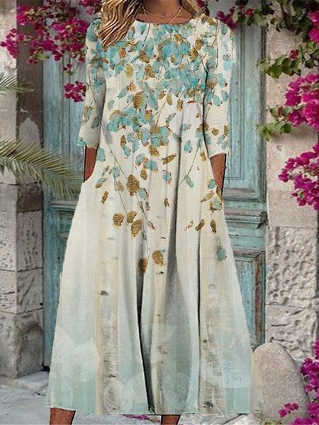 Regular Fit Crew Neck Casual Leaf Dress, Multicolor, Dresses