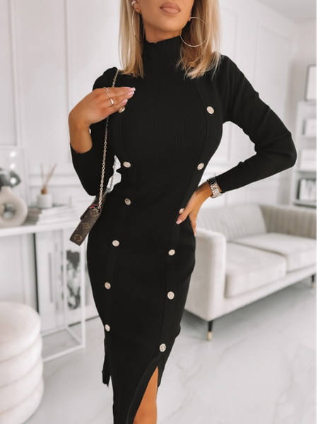Elegant Regular Fit Plain Wool/Knitting Dress, Black, Midi Dresses