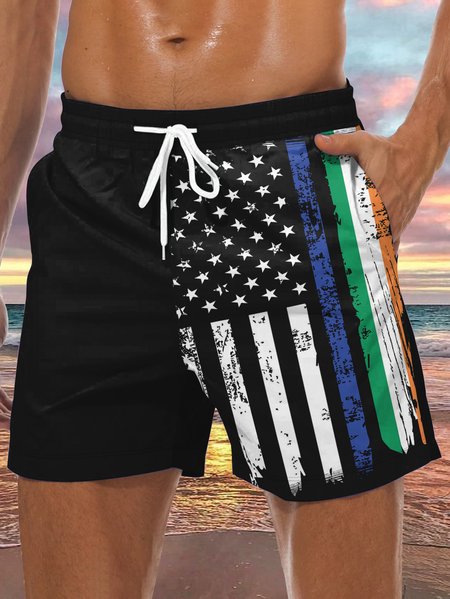 American Flag St. Patrick's Day Drawstring Beach Shorts, Black, Men's shorts