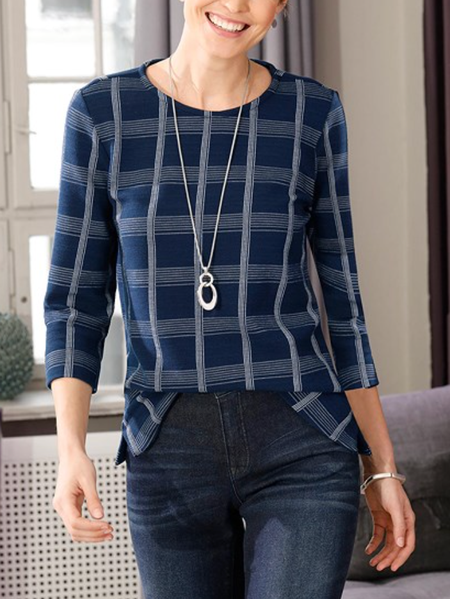 Loose Crew Neck Plaid Casual T-Shirt, Blue, T-Shirts