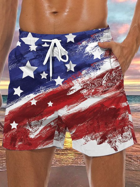 American Flag Drawstring Beach Shorts, Blue, Men's shorts