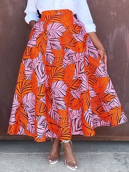 Elegant Floral Print A-Line Skirt, Orange, Skirts