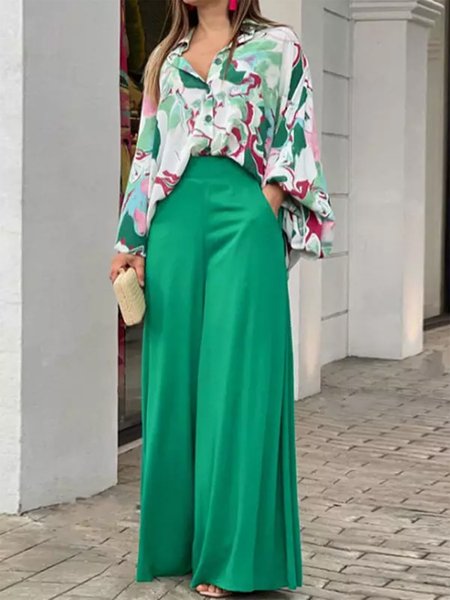 Ladies Casual Loose Lapel Shirt High Waist Wide Leg Pants Set, Green, Suit Set
Ladies Casual Loose Lapel Shirt High Waist Wide Leg Pants Set, Green, Suit Set
